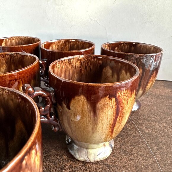 Set of 6 Brown Drip Glaze Coffee Mugs Mid Century - Picture 3 of 14